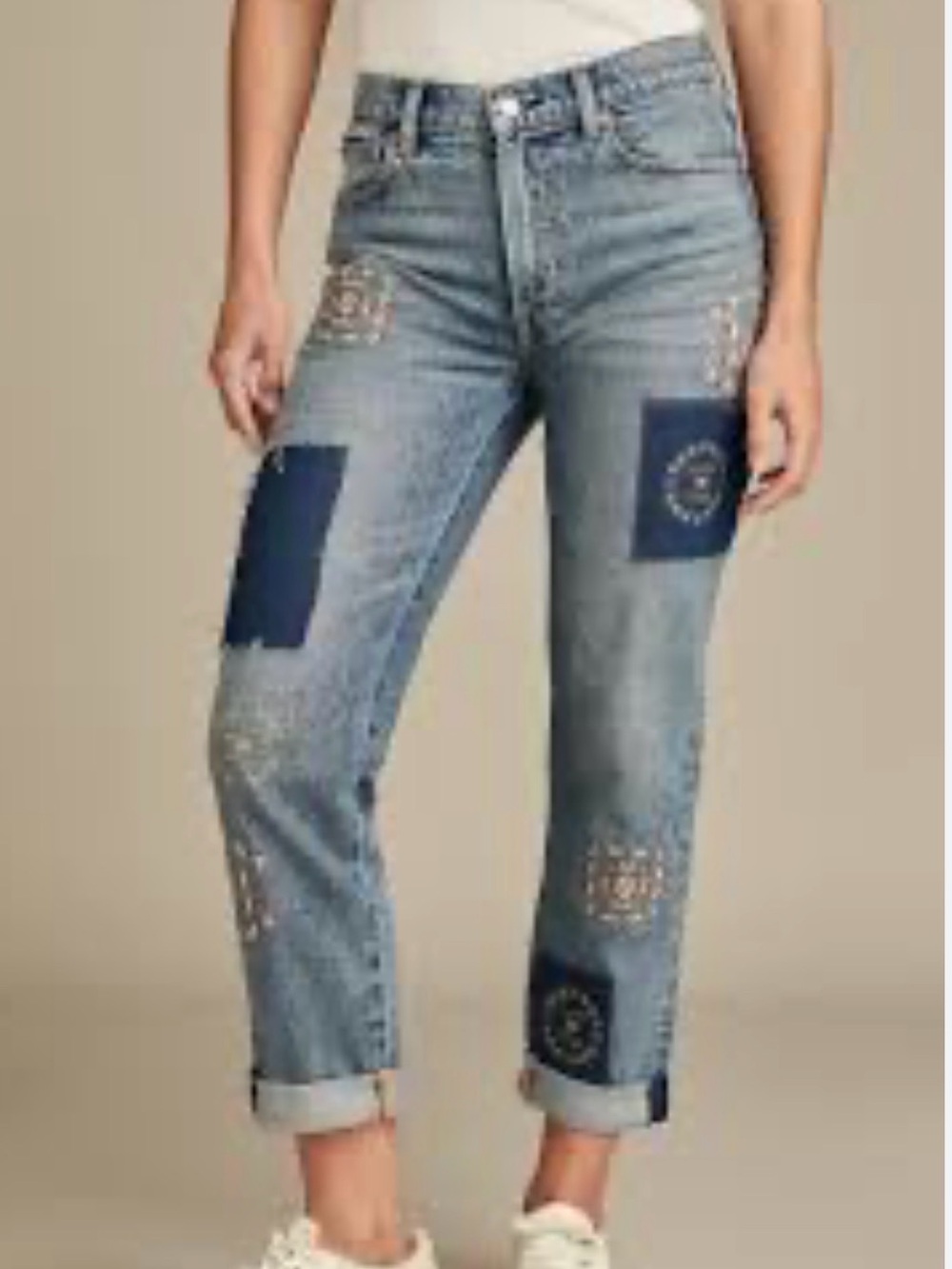 NWT Lucky Brand Mid-Rise Boy Relaxed Straight Embroidered Patchwork Jeans 6/28